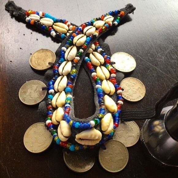 Vintage 60’s Statement Silver Necklace Coin glass bead cowrie choker black multi - Picture 1 of 8